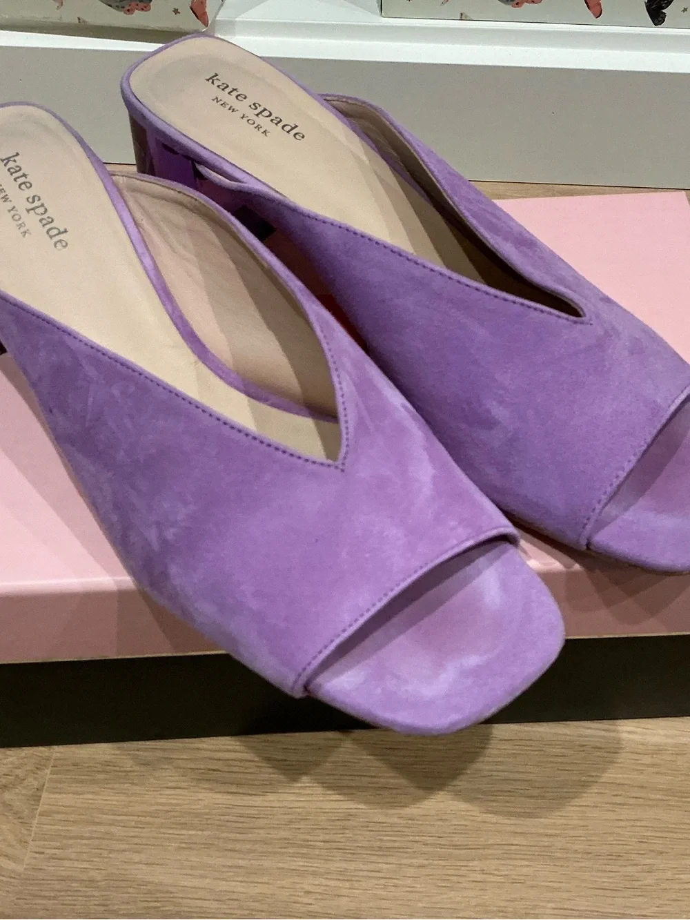 kate spade lilac suede open-toe slingback mules with lucite block heel